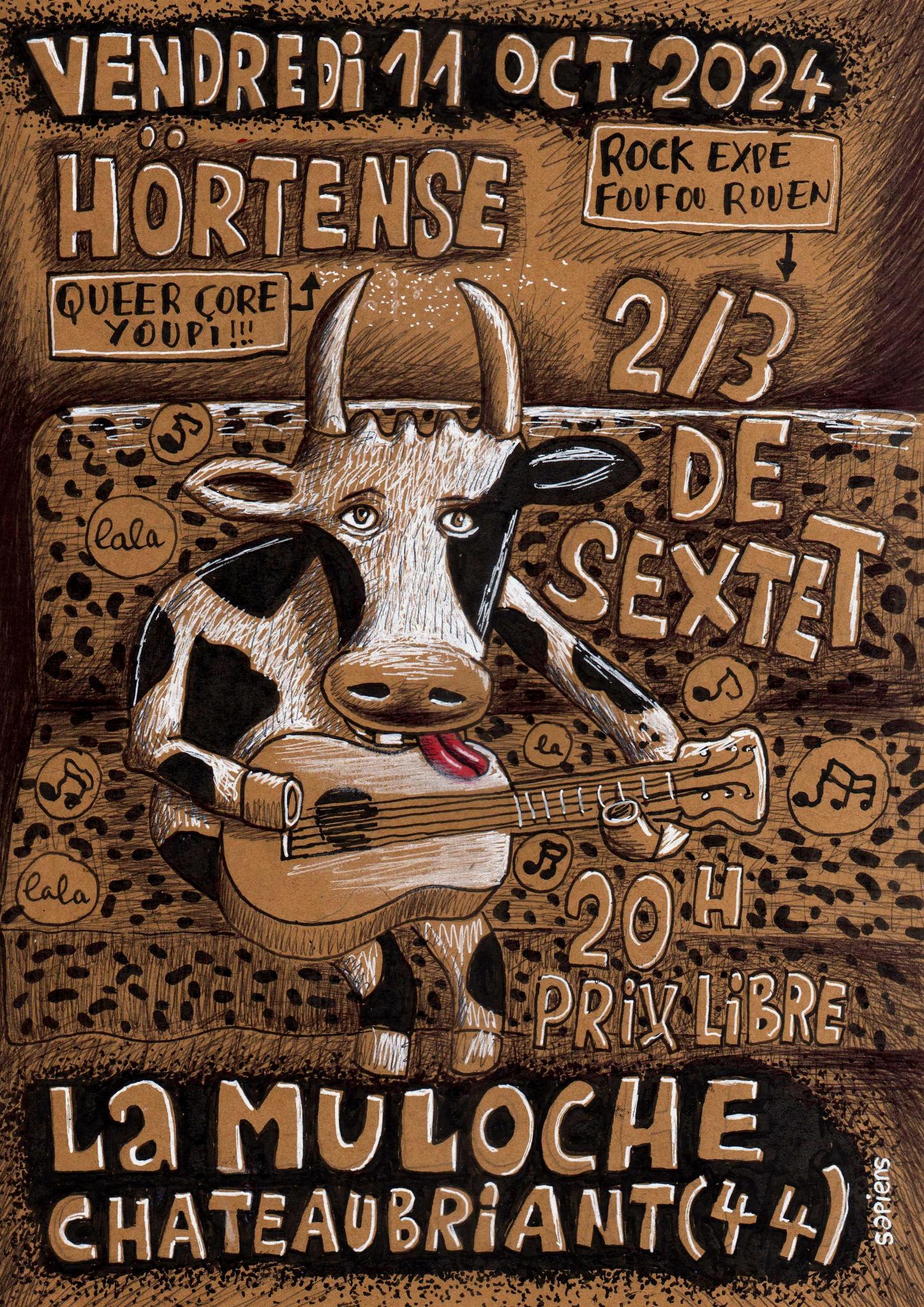 Dessin noir et marron d'une vache jouant de la guitare sche, assise.hortense, Queer core - 2/3 de Sextet Rock exp