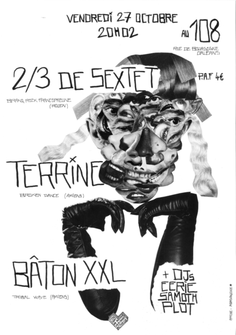 Affiche noir et blanc du concert au 108 avec Terrine et Baton XXL